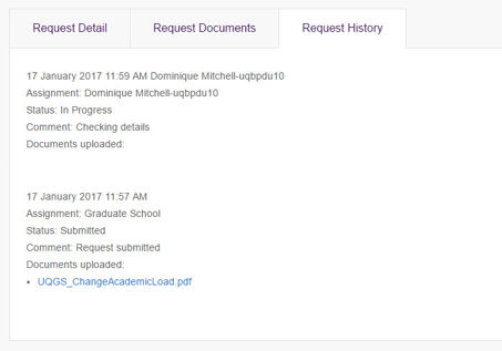 Request history tab shows progress of request