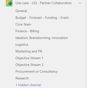 A view of a list of channels within a Team in Microsoft Teams