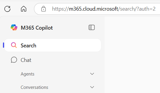 Microsoft 365 Copilot app displaying Search and Chat